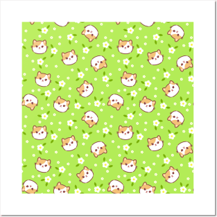 Seamless pattern with cute cats, flowers and leaves Posters and Art